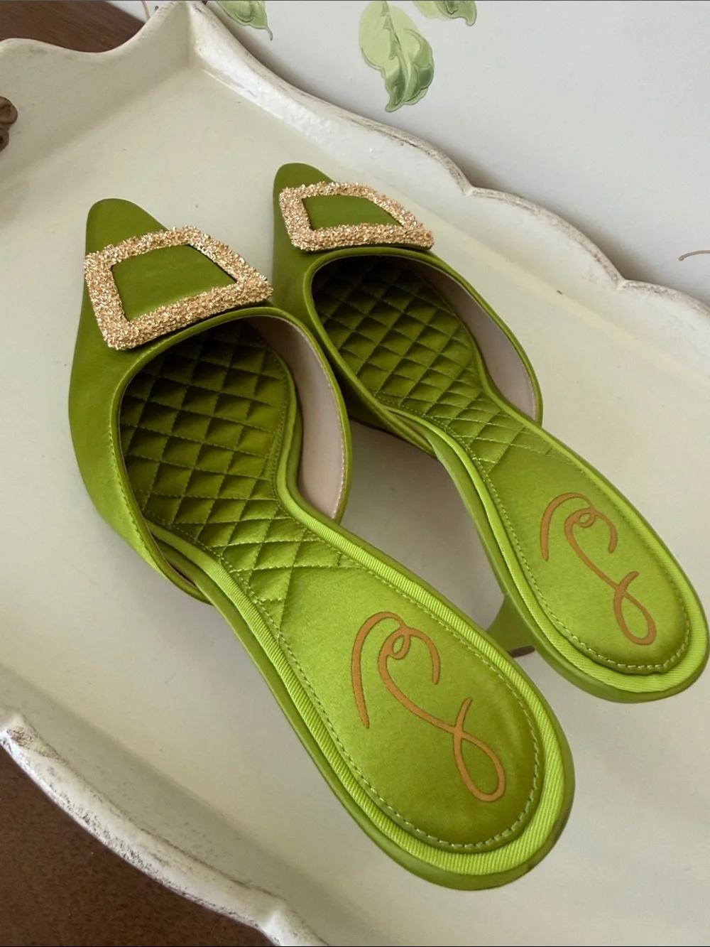 Sam Edelman Green Brit Kitten Satin Mules with Gold Buckle - Size 8.5 - Picture 13 of 14